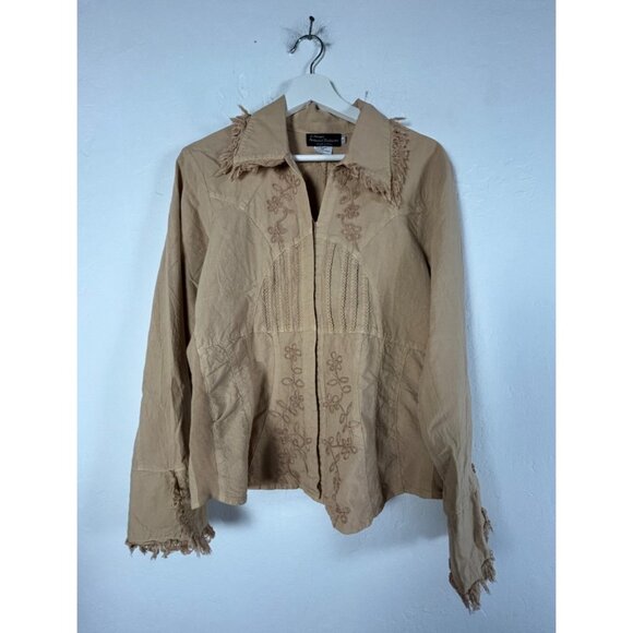 G. Designs Natural Fashions Women's Embroidered Button Down Shirt XL Fringe Tan - Picture 1 of 7